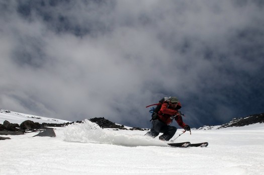 Louie Dawson, Southwest Chutes, Mount Adams. Score 9 for snow conditions. Breakable crust 1, baby butt corn = 10, today a few ski tracks and freeze lumps marred perfection. Louie Dawson, Southwest Chutes, Mount Adams. We scored this at 9 for snow conditions. The range: Breakable crust or glare ice = 1, baby butt corn = 10. During our descent a few ski tracks and freeze lumps marred perfection.