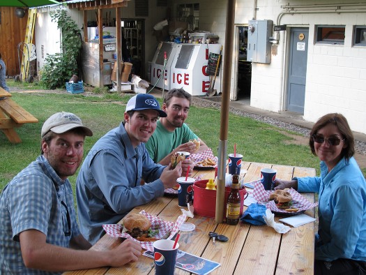 Dining to the sound of an impact wrench, having a local beer near the trailhead. Dining to the sound of an impact wrench, having a local beer near the trailhead.