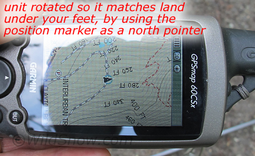 Oriented GPS, map, pointer and the antenna end of the actual GPS housing all point north. Oriented GPS, map, pointer and the antenna end of the actual GPS housing all point north.