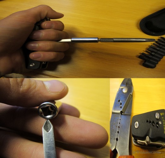 Included in the holster is a bit holder which can accommodate, in the above photo, a size 3 driver for binding duty. Wire stripping sizes are clearly visible. Included in the holster is a bit holder which can accommodate, in the above photo, a size 3 driver for binding duty. Wire stripping sizes are clearly visible.