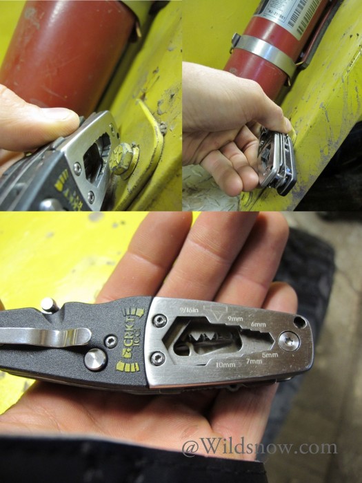 The tool features a shallow depth integrated box wrench on both belt and non-belt clip sides. MM in 5, 6, 7, 8, 9, 10 and standard in 1/4, 5/16, 3/8, 7/16, 1/2, and 9/16 respectively. The wrench worked without much difficulty on the Wildsnow Willys but slippage on worn bolts is extremely likely with such a shallow wrench depth. The tool features a shallow depth integrated box wrench on both belt and non-belt clip sides. MM in 5, 6, 7, 8, 9, 10 and standard in 1/4, 5/16, 3/8, 7/16, 1/2, and 9/16 respectively. The wrench worked without much difficulty on the Wildsnow Willys but slippage on worn bolts is extremely likely with such a shallow wrench depth.