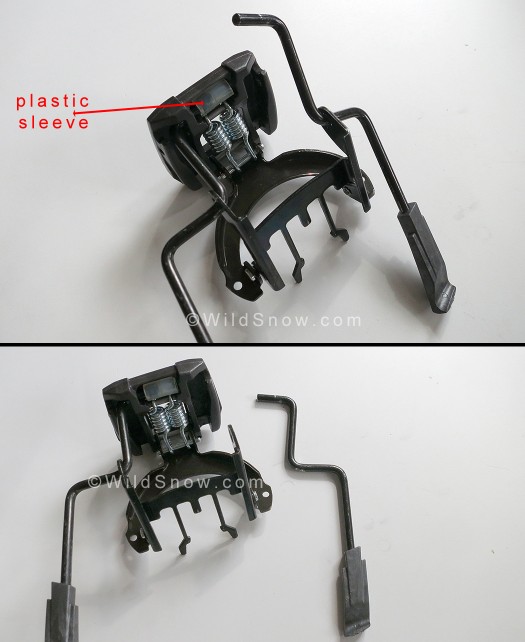 Dynafit brake arm swap is easy, just yank the short end out of the plastic sleeve -- do one at a time. Dynafit brake arm swap is easy, just yank the short end out of the plastic sleeve -- do one at a time.