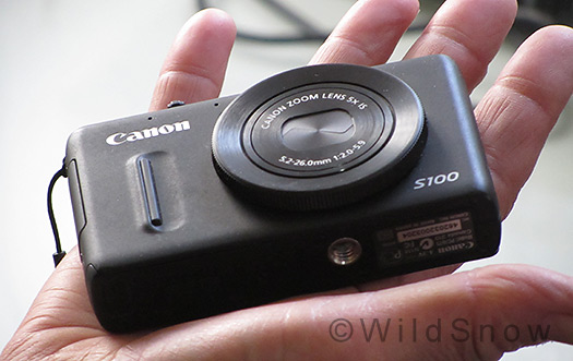 Canon S100 is palm sized, light at 6.8 oz, 192 gr. 5x zoom is adequate. Canon S100 is palm sized, light at 6.8 oz, 192 gr. 5x zoom is adequate.