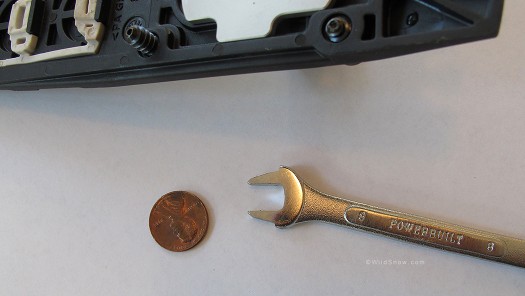 Official ANSI approved Dynafit nut removal tool is created from an 8 mm open end wrench, ground down to fit over the nut. Official ANSI approved Dynafit nut removal tool is created from an 8 mm open end wrench, ground down to fit over the nut.