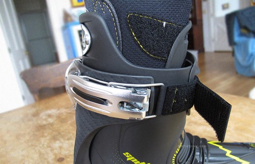 La Sportiva Spitfire backcountry skiing boot upper buckle. La Sportiva Spitfire backcountry skiing boot upper buckle.