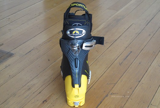 La Sportiva Spitfire boot, rear view showing the vertical external strut. La Sportiva Spitfire boot, rear view showing the vertical external strut.