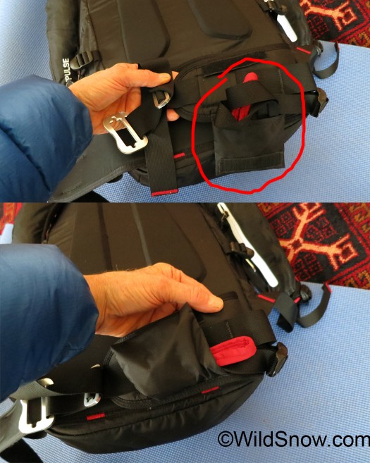 Crotch strap stows nicely in this semi-pouch, but once it's deployed you'll not be repacking it unless the pack is off. Crotch strap stows nicely in this semi-pouch, but once it's deployed you'll not be repacking it unless the pack is off.