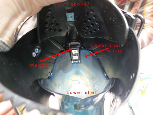 Scarpa's method is similar to K2, in that a block of plastic rides between the shell wings. Scarpa's method is similar to K2, in that a block of plastic rides between the shell wings.