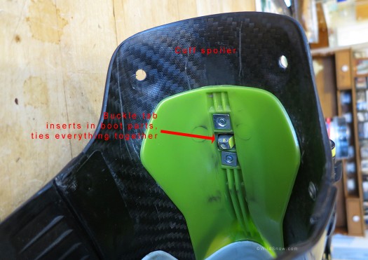 Inside of Dynafit cuff showing how tab on buckle inserts in spoiler parts. Inside of Dynafit cuff showing how tab on buckle inserts in spoiler parts.