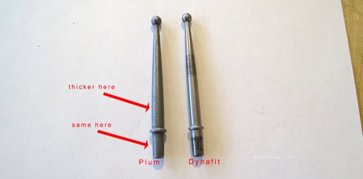 The Plum pins have a thickened area in comparison to Dynafit. Since metal quality is as important as size with a part this small, we're not sure which is stronger. But it's nice to see some added beef in this area as pins have been known to break with both binding brands. The Plum pins have a thickened area in comparison to Dynafit. Since metal quality is as important as size with a part this small, we're not sure which is stronger. But it's nice to see some added beef in this area as pins have been known to break with both binding brands.