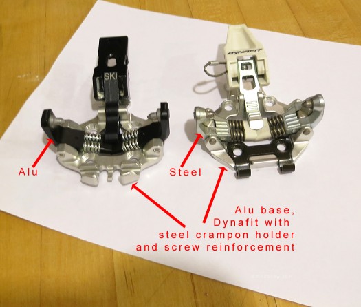 We're not going to dwell on the toe units. They both work fine. Huge differences are steel of the Dynafit vs aluminum of the Plum, and the Dynafit Power Towers. We're not going to dwell on the toe units. They both work fine. Huge differences are steel of the Dynafit wings vs aluminum of the Plum, and the Dynafit Power Towers.