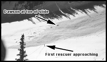 Lou at toe of avalanche slide in Highland Bowl. Lou at toe of avalanche slide in Highland Bowl.