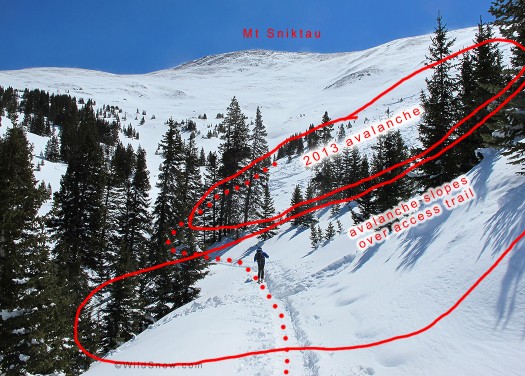 Another view of the approach trail. A dangerous spot with obvious avalanche slope to your right and terrain trap to your left. Another view of the approach trail. A dangerous spot with obvious avalanche slope to your right and terrain trap to your left.