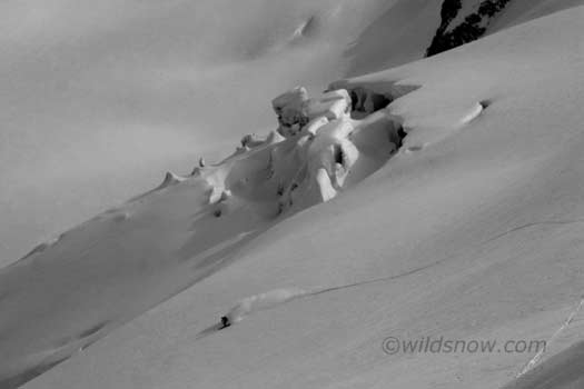 Skiing next to beautiful seracs in low angled powder. Skiing next to beautiful seracs in low angled powder.