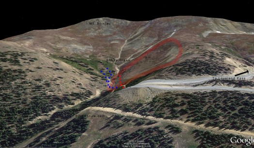 Google Earth tilted view, looking southerly. Approximate avalanche boundary Google Earth tilted view, looking southerly. Approximate avalanche boundary