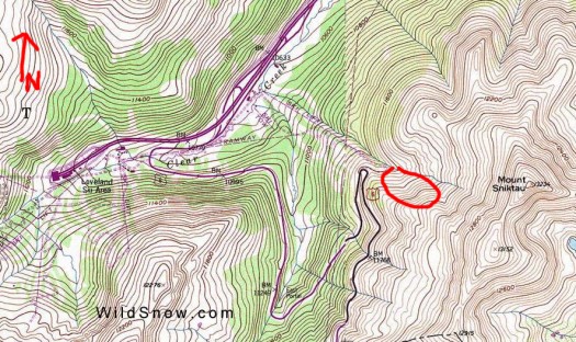Approximate area of Sheep Creek avalanche. Looking at this map, it's difficult to ascertain why the group would have judged traveling here to be reasonably safe on this particular day. But then, micro route finding can result in good backcountry ski days even during high hazard, so I'm assuming that's what these individuals were engaged in and made a tragic error in judgment and procedure. Approximate area of Sheep Creek avalanche. Looking at this map, it's difficult to ascertain why the group would have judged traveling here to be reasonably safe on this particular day. But then, micro route finding can result in good backcountry ski days even during high hazard, so I'm assuming that's what these individuals were engaged in and made a tragic error in judgment and procedure.