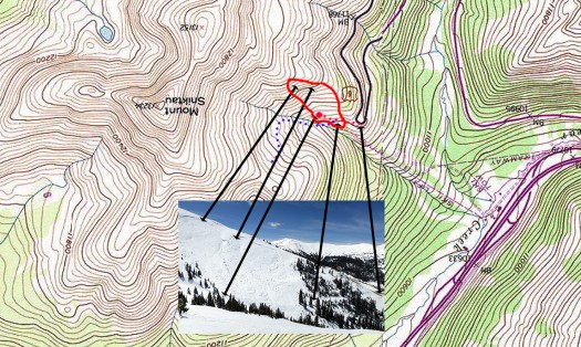 Topographic view. Solid red line is approximate location of fatal 2013 avalanche. Topographic view. Solid red line is approximate location of fatal avalanche.