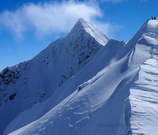 tylerridgeshot Tyler Wilkes laying out a bottomless turn off the ridge above camp. The White Fang looms in the background.