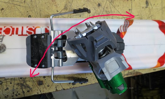 During lateral release, heel rotates as indicated. Most tech bindings do this, but Beast does it better due to the toe unit being mounted on a turntable that allows unimpeded movement. During lateral release, heel rotates as indicated. Most tech bindings do this, but Beast does it better due to the toe unit being mounted on a turntable that allows unimpeded movement.