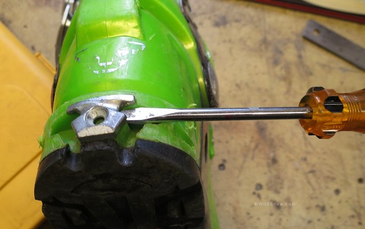 First, remove original fitting screw and pry fitting out of boot heel. First, remove original fitting screw and pry fitting out of boot heel.