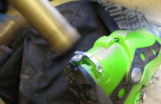 With a tiny dab of epoxy underneath where the original holes are in the boot, tap fitting with brass hammer to seat it. With a tiny dab of epoxy underneath where the original holes are in the boot, tap fitting with brass hammer to seat it.