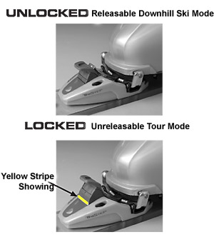 To Lock -- Pull Toe Lever up until yellow "locked" stripe is fully showing. If you cannot pull the lever far enough up to see all of the yellow stripe, hook the shaft of your ski pole under the lever and pull up with both hands on ski pole. To Lock -- Pull Toe Lever up until yellow "locked" stripe is fully showing. If you cannot pull the lever far enough up to see all of the yellow stripe, hook the shaft of your ski pole under the lever and pull up with both hands on ski pole.