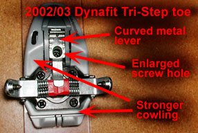 Overhead view of the last and best production Tri-Step toe. The curved metal lever is designed to eliminate the hazard of your boot bumping the binding and unlatching it from your boot. Overhead view of the last and best production Tri-Step toe. The curved metal lever is designed to eliminate the hazard of your boot bumping the binding and unlatching it from your boot.