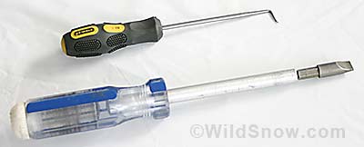 Tools you'll need, a right angle pick and wide flat-blade screwdriver. Tools you'll need, a right angle pick and wide flat-blade screwdriver.