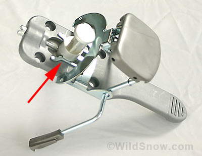 Arms on brake engage vertical aluminum post spindle. Arms on brake engage vertical aluminum post spindle.