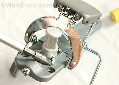 Removal of brakes is easy. First delete the retainer clip, then nudge the clip arms around the center post as you slide and wriggle the brake off the plastic base plate. Removal of brakes is easy. First delete the retainer clip, then nudge the clip arms around the center post as you slide and wriggle the brake off the plastic base plate.