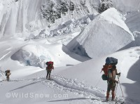 Our 1973 crew in the Great Icefall, Muldrow Glacier, Denali. Tom 'Cardo' Merrill, Tim Lane and Kurt Sontag (left to right). Our 1973 crew in the Great Icefall, Muldrow Glacier, Denali. Tom 'Cardo' Merrill, Tim Lane and Kurt Sontag (left to right).