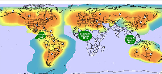 Globalstar coverage map as of fall 2013, the yellow and blue are fringe areas where limited view of the sky would probably cause the phone to be virtually unusable for voice communication. Globalstar coverage map as of fall 2013, the yellow and blue are fringe areas where limited view of the sky would probably cause the phone to be virtually unusable for voice communication.
