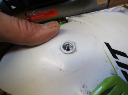 This is the miracle that makes it all work. Hardware store T-nut is 0.376 inch OD (9.5 mm), which is virtually the same ID as the OEM hole in the boot shell! Yes, there is a God. This is the miracle that makes it all work. Hardware store T-nut is 0.376 inch OD (9.5 mm), which is virtually the same ID as the OEM hole in the boot shell! Yes, there is a God.