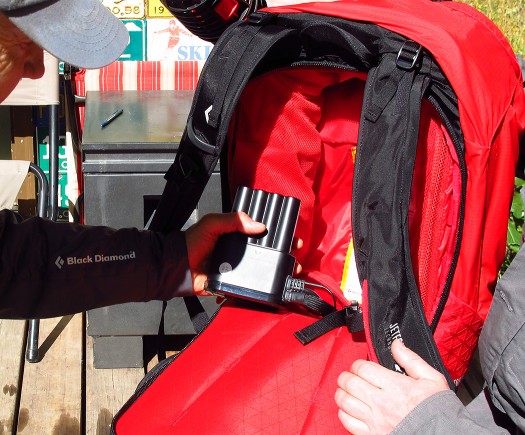 The battery and electronics case is hard-wired into the airbag backpack. The battery and electronics case is hard-wired into the airbag backpack.