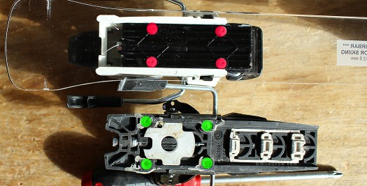 Screw hole patterns, Vipec at top with red dots marking pattern. Both are similar, Dynafit a bit wider. Screw hole patterns, Vipec at top with red dots marking pattern. Both are similar, Dynafit a bit wider.