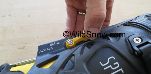 Lean lock switch is conventional, though reversed compared to some boots. It's small, but has to be that way so it won't get broken on rocks -- or by your skis if you're practicing for the X Games. Lean lock switch is conventional, though reversed compared to some boots. It's small, but has to be that way so it won't get broken on rocks -- or by your skis if you're practicing for the X Games.