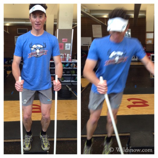 Classic box jump with feet hips width apart. Using PVC poles to keep the hands quiet and steady while performing the exercise. Ski specific as possible! Classic box jump with feet hips width apart. Using PVC poles to keep the hands quiet and steady while performing the exercise. Ski specific as possible!