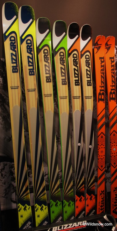 Blizzard attacks the US market with their Super Lite series. Left to Right: Altitidue with 88 waist and 1440 grams in 173 length. Discovery with 78 waist and 1350 grams in 170 length. Mountain Expedition with 74 waist and 1220 grams in 167 length. Attack with 65 waist and 800 grams in 161 length. Blizzard attacks the US market with their Super Lite series. Left to Right: Altitidue with 88 waist and 1440 grams in 173 length. Discovery with 78 waist and 1350 grams in 170 length. Mountain Expedition with 74 waist and 1220 grams in 167 length. Attack with 65 waist and 800 grams in 161 length.