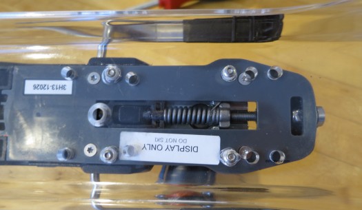 So called 'forward pressure' spring is visible underneath on the demo board. Six millimeter of travel. So called 'forward pressure' spring is visible underneath on the demo board. Six millimeter of travel.