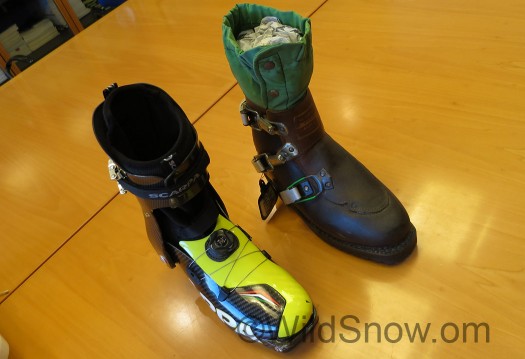 Since we're here and we can do it, we got Scarpa to dig an early 1960s state-of-art ski touring boot out of their archives. The beautifully leather Since we're here and we can do it, we got Scarpa to dig an early 1960s state-of-art ski touring boot out of their archives. The beautifully leather