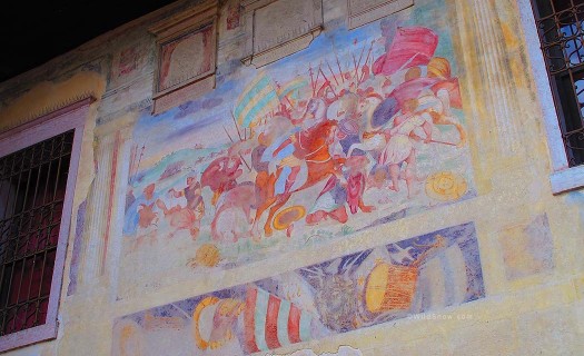 A few steps from the town square, a 16th century building houses the Civic Museum and Archives where battle scenes of the defeat of Crassus by the Parthians are painted on outside walls. A few steps from the town square, a 16th century building houses the Civic Museum and Archives where battle scenes of the defeat of Crassus by the Parthians are painted on outside walls.