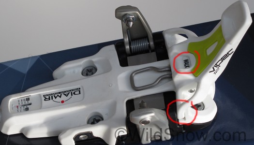 Aha, a Vipec toe in 'walk' mode, with small white plastic tab (circled) jammed in slot to block play in the binding. Aha, a Vipec toe in 'walk' mode, with small white plastic tab (circled) jammed in slot to block play in the binding.