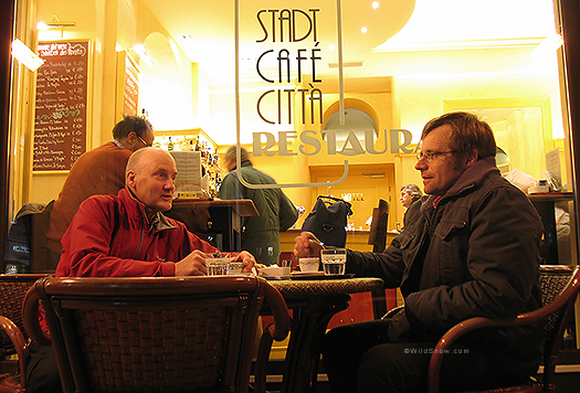 Me and Fritz having an espresso in Bolzano, Italy, 2007. Fritz took me under his wing and showed me how to be a European, or at least tried. I failed with wearing a red jacket in an Italian city, but I tried to blend in with the hair style. Me and Fritz having an espresso in Bolzano, Italy, 2007. Fritz took me under his wing and showed me how to be a European, or at least try to be. The red jacket was a fail in an Italian city, but I tried.