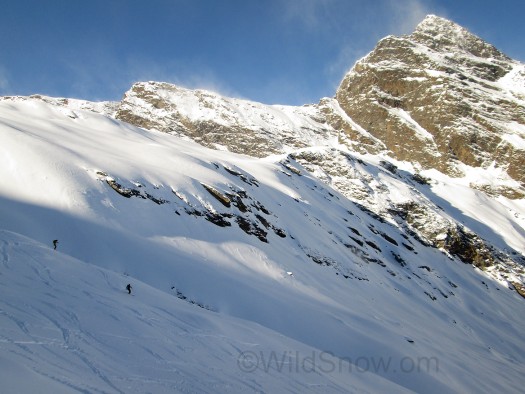 Vast terrain of the Rottenspitze tour (the rock pyramid is a sub-peak). We hit it bluebird, morning after a storm. A bit of avalanche danger but good terrain for safe route finding. Vast terrain of the Rottenspitze tour (the rock pyramid is a sub-peak). We hit it bluebird, morning after a storm. A bit of avalanche danger but good terrain for safe route finding.