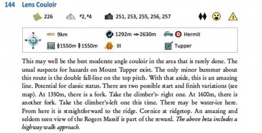 I love this guy! Look at the Lens Couloir description: "At 1350m there is a fork. Take the climbers right!" No braggadacio, no sandbagging! I love this guy! Look at the Lens Couloir description: "At 1350m there is a fork. Take the climbers right!" No braggadacio, no sandbagging!