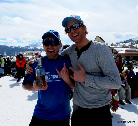 Without question the most excited finisher to be back in Crested Butte was Mayor Aaron Huckstep or Huck. Pictured here with Benedikt Böhm of Dynafit and his favorite recovery drink. Without question the most excited finisher to be back in Crested Butte was Mayor Aaron Huckstep or Huck. Pictured here with Benedikt Böhm of Dynafit and his favorite recovery drink.