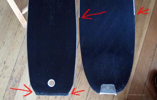 Black Diamond (right) trims quite a bit of weight by using minimal extensions of steel edge at tip and tail. Black Diamond (right) trims quite a bit of weight by using minimal extensions of steel edge at tip and tail.