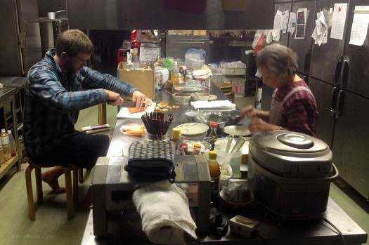 Cooking up a storm with our host grandmother, also known as our kitchen sensei. Even hunched over, seated on a small stool I could barely fit under the cupboards. Cooking up a storm with our host grandmother, also known as our kitchen sensei. Even hunched over, seated on a small stool I could barely fit under the cupboards.