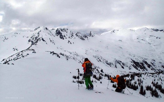 Looking out over the following day’s objective. The route takes you through the center of the big slope with high consequence terrain below. Snowgrass Mountain is the non-prominent high point in the right of the photo. Looking out over the following day’s objective. The route takes you through the center of the big slope with high consequence terrain below. Snowgrass Mountain is the non-prominent high point in the right of the photo.