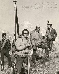 Grand Teton first ski descent team. From left to right: John "Blackie" Bolton, Briggs, George Colon, Harry Frishman. Grand Teton in background. Grand Teton first ski descent team. From left to right: John "Blackie" Bolton, Briggs, George Colon, Harry Frishman. Grand Teton in background.